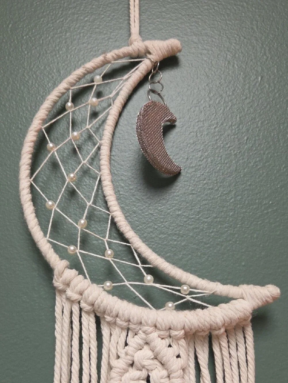 Handmade Cream Moon Macrame Wall Hanging- About 3 Feet Long